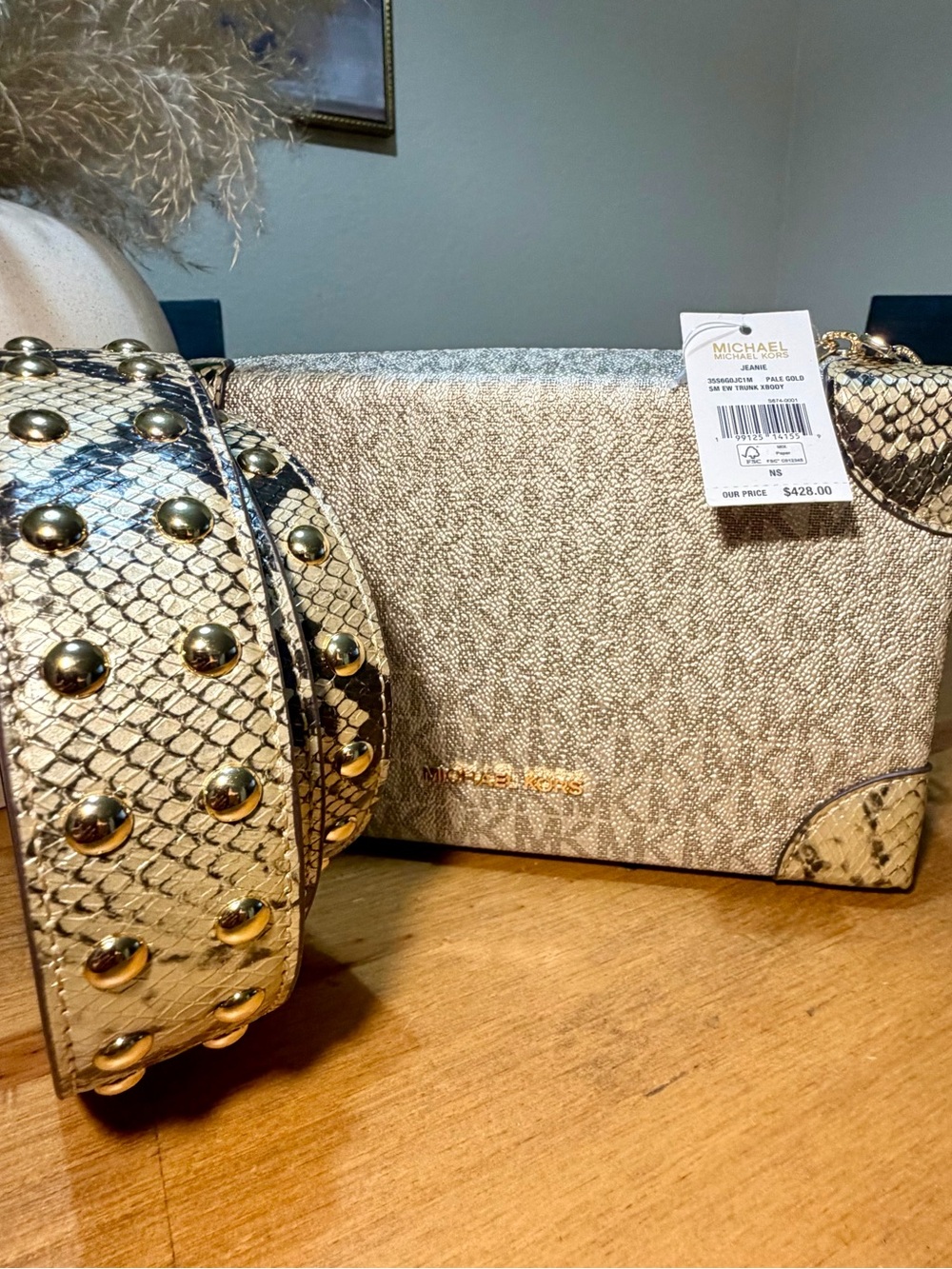 Michael Kors Cream Logo Crossbody with Gold Studded Snake-Print Strap